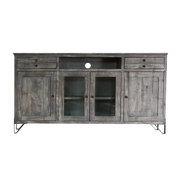 Distressed wood TV stand with enclosed storage and shelving