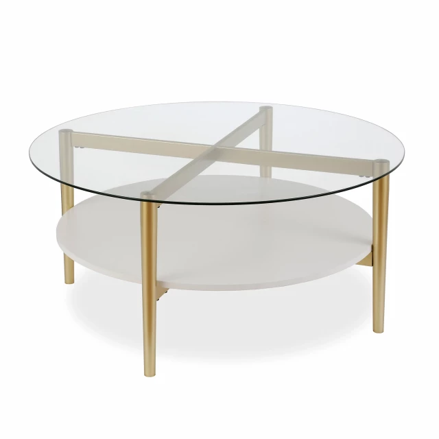 Glass steel round coffee table with lower shelf and modern metal design