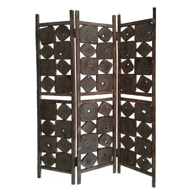 Weathered brown wood screen with symmetrical pattern and metal shelf details