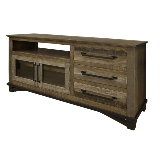 Distressed wood TV stand with enclosed storage and shelving