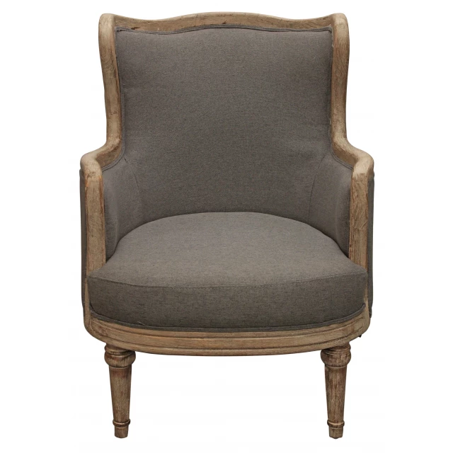 Gray linen natural solid armchair with wood armrests and comfortable rectangle club chair design
