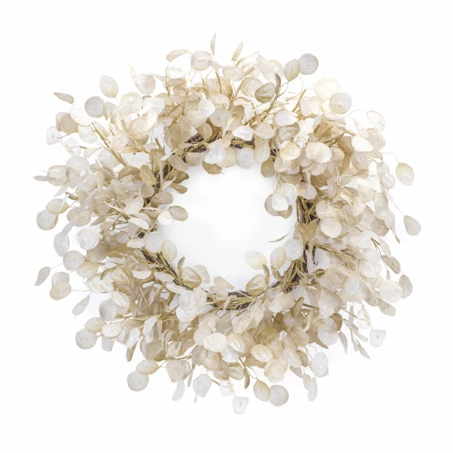 Beige brown artificial eucalyptus wreath with flower petals and creative art twig design for home decor