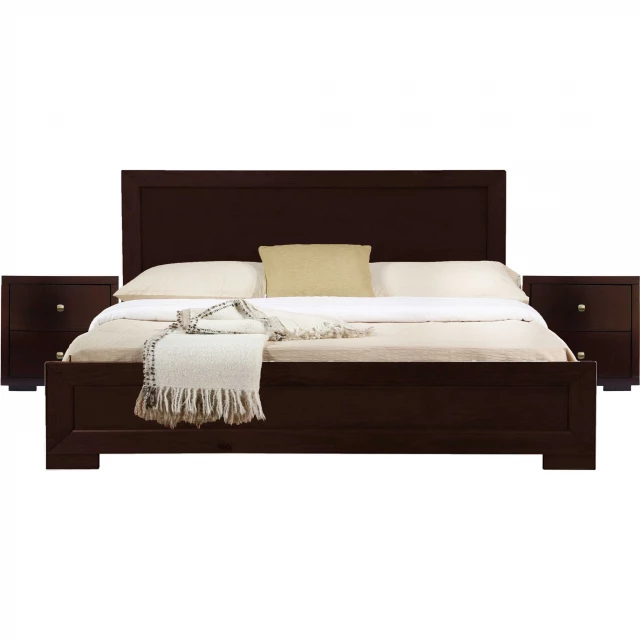 Espresso wood platform king bed with integrated nightstands for modern bedroom decor