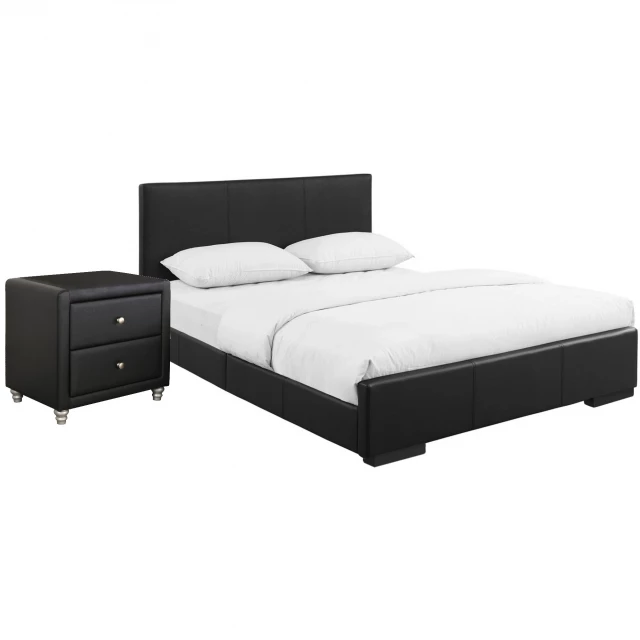 wood black standard bed with upholstered headboard