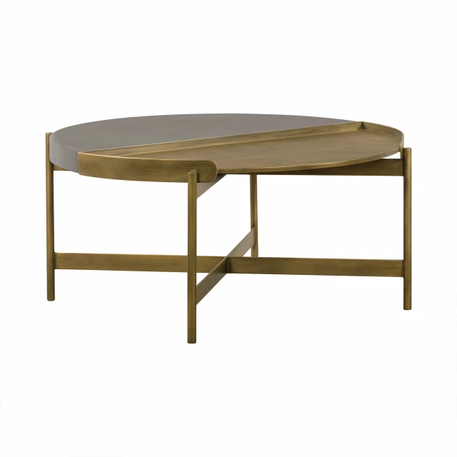 Brass concrete round coffee table with hardwood and wood stain finish