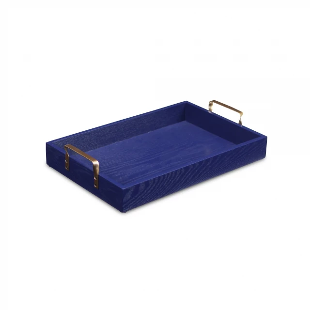 royal blue wooden tray with gold handles
