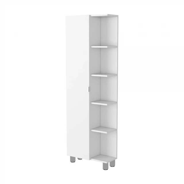 White accent cabinet with nine shelves featuring metal components and cabinetry design
