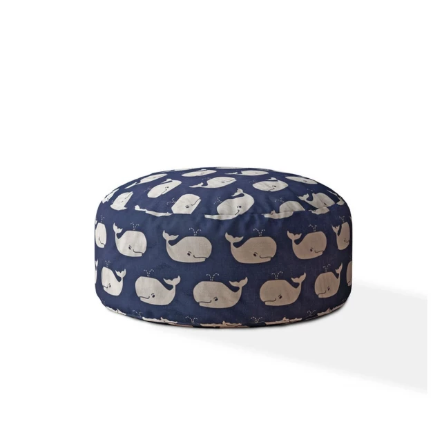 Blue twill round whale pouf cover with electric blue pattern and creative arts design