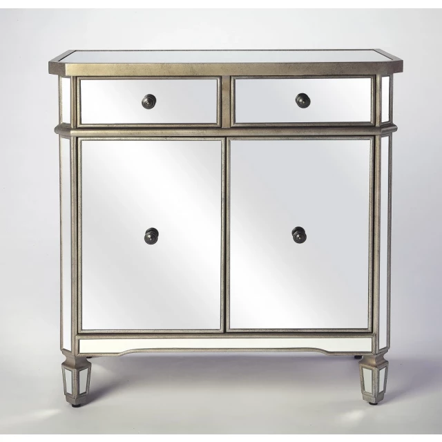 Marissa mirrored chest with metal and glass details in a rectangular shape