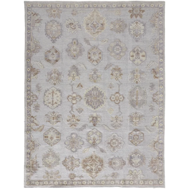 hand knotted stain resistant area rug with beige rectangle pattern and motif