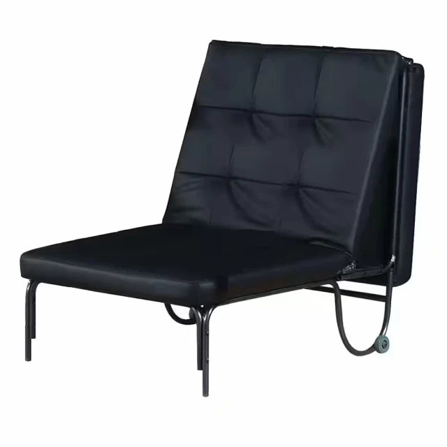 Black faux leather tufted convertible chair with wood accents in a comfortable rectangle design