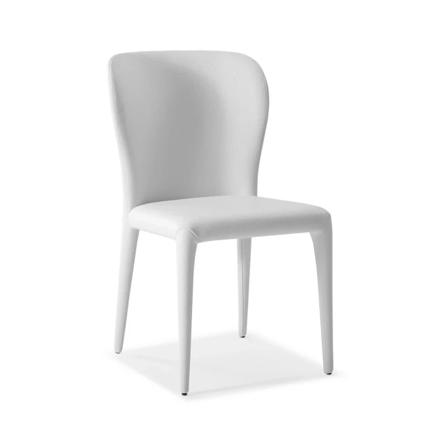 White faux leather dining chairs with wood legs and armrests for comfort
