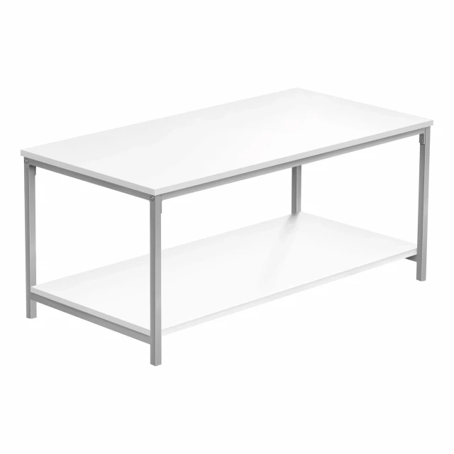 White silver rectangular coffee table with glass top and natural plywood materials