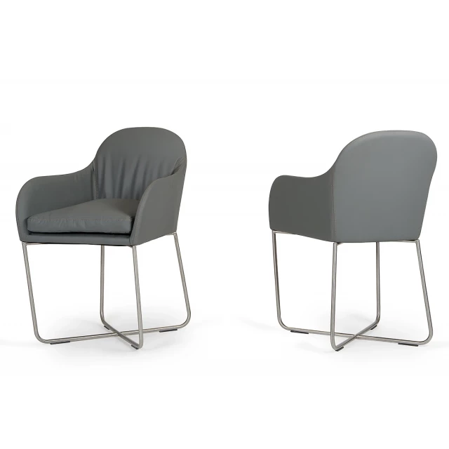 Grey leatherette steel dining chair with armrests and comfortable design