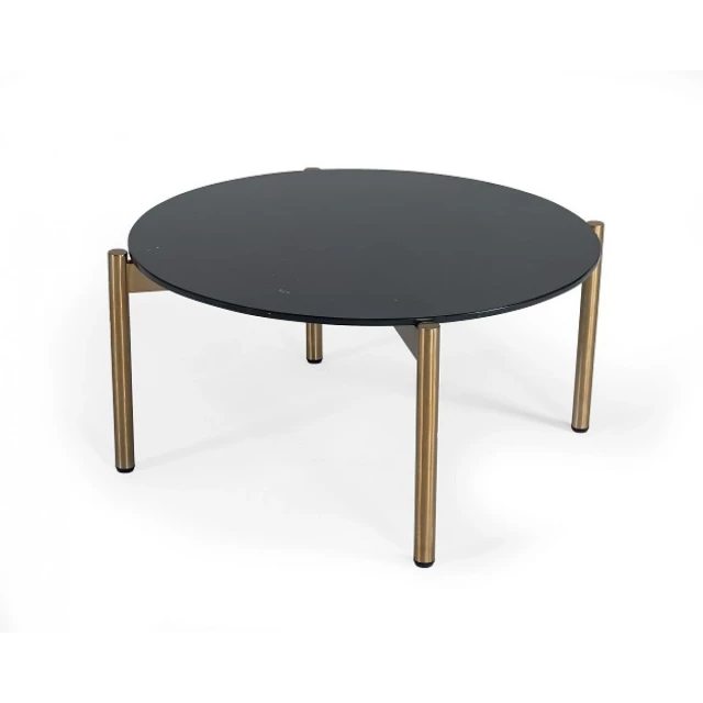 Black marble stone round coffee table with wood stain finish