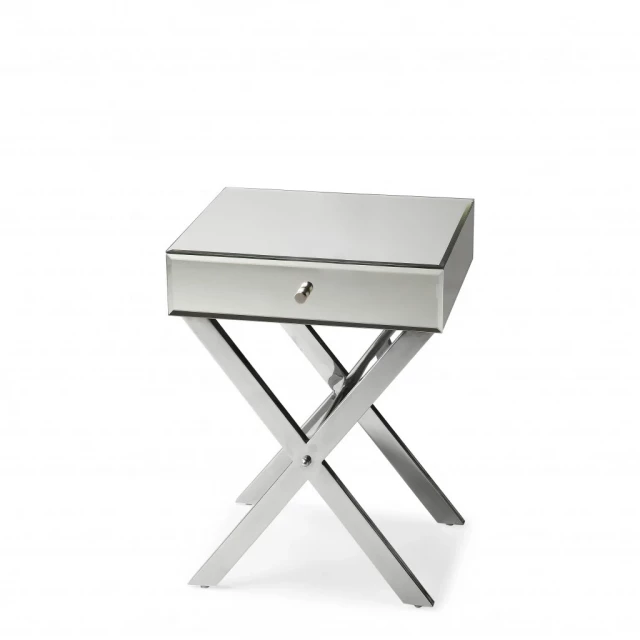 Mirrored glass end table with drawer and metal accents in a modern design