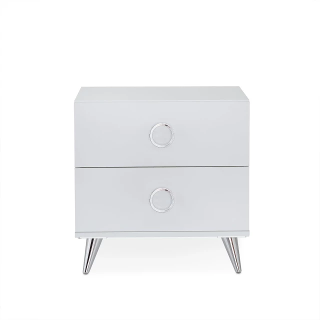 White drawers nightstand with modern aluminum handles and electric blue accents