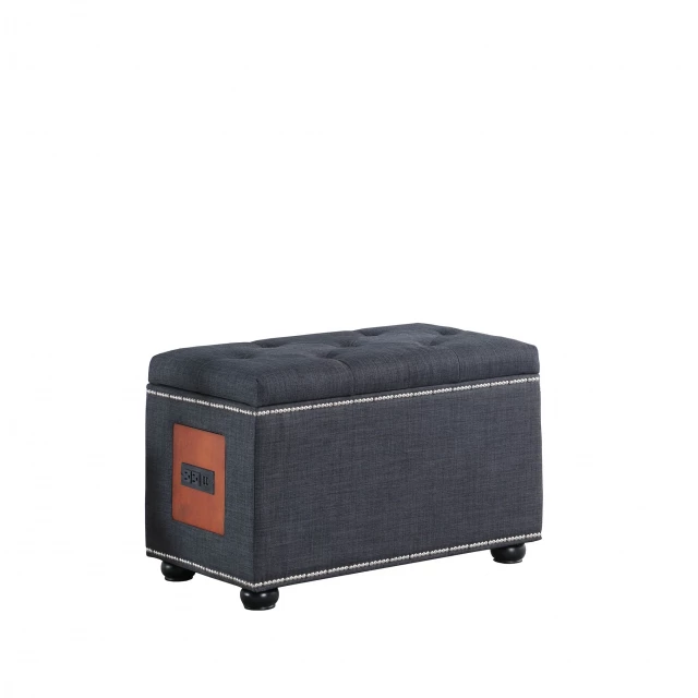 Slate gray linen black tufted storage ottoman with wood and metal accents