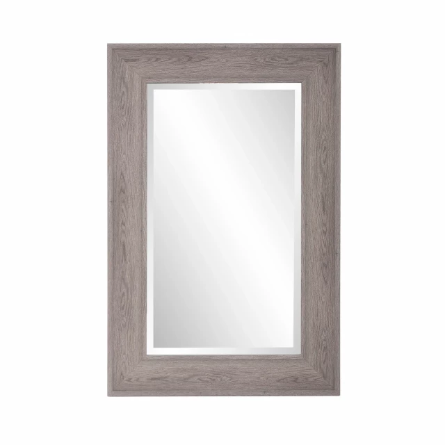 Gray faux wood beveled rectangular mirror for home decor with silver picture frame