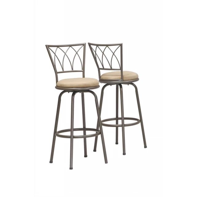 Beige gray metal bar chairs with wood pattern and armrests