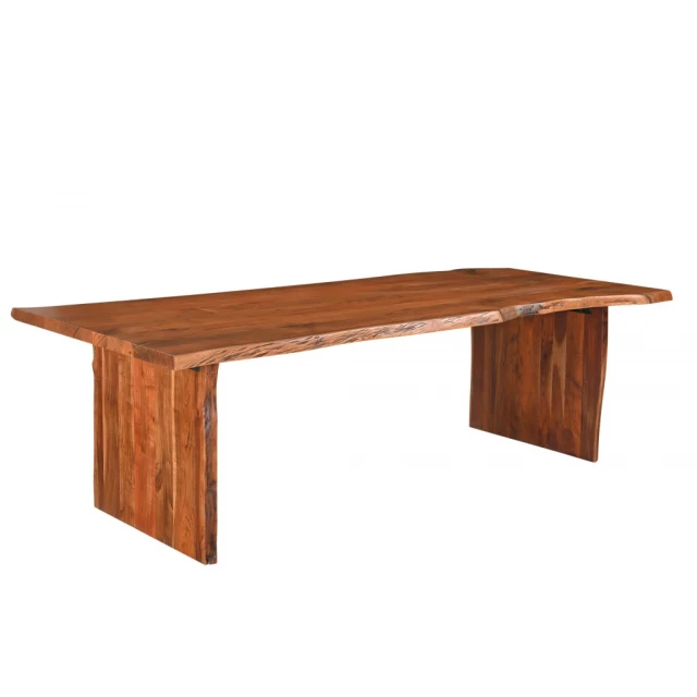 Brown solid wood dining table with varnish finish and plank details