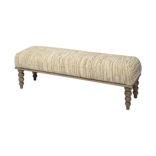 Wood brown upholstered polyester blend bench with metal accents and outdoor furniture design