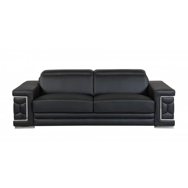 Black silver Italian leather sofa with comfortable rectangular design and wooden accents