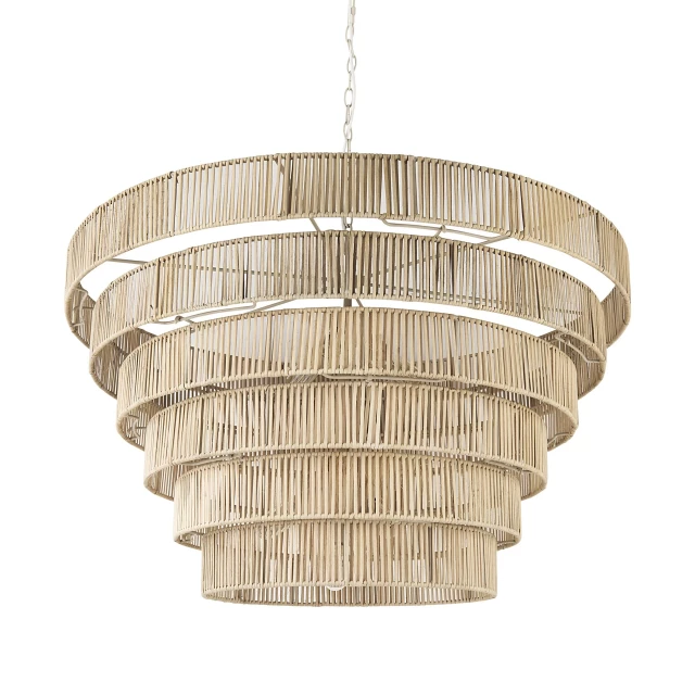 light brown six tier hanging chandelier with metal and basket design elements