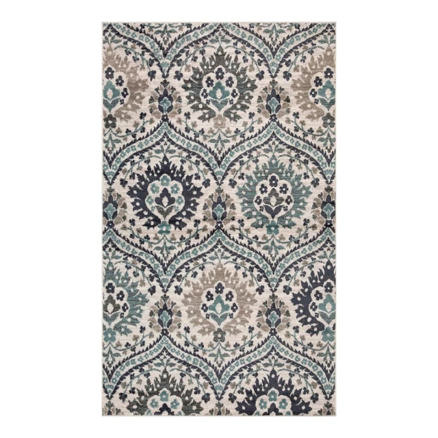 gray floral stain resistant area rug with rectangle pattern and beige motif