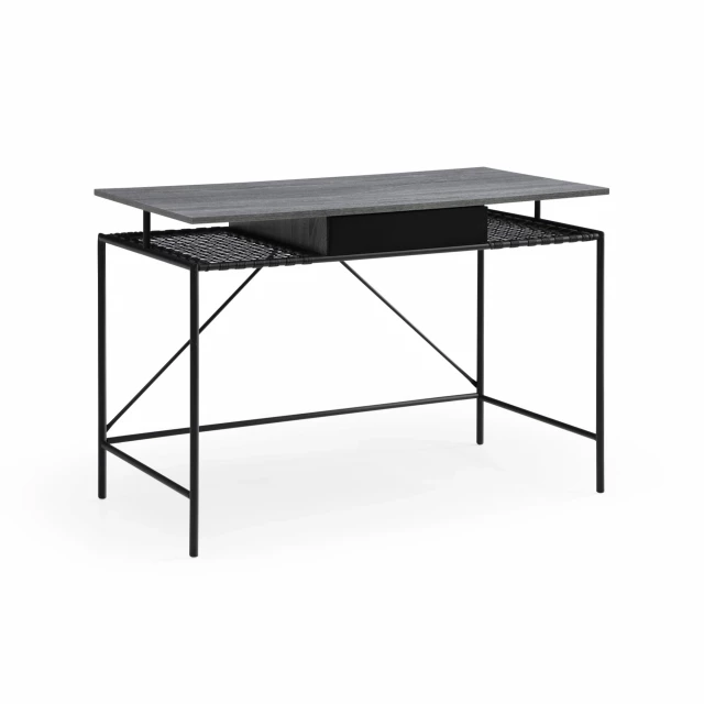 gray black writing desk with metal frame and rectangular design