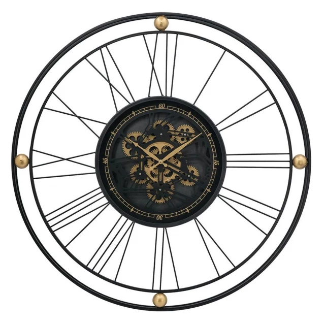 glass analog exposed gear wall clock with visible wheel and spokes