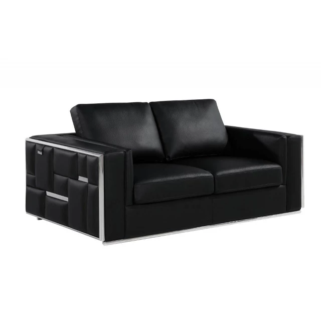Black silver metallic leather loveseat with armrests and wood accents in a comfortable studio couch design