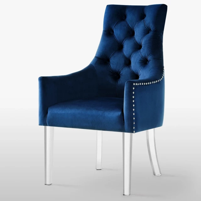 Clear upholstered velvet dining arm chairs with electric blue color and comfortable design
