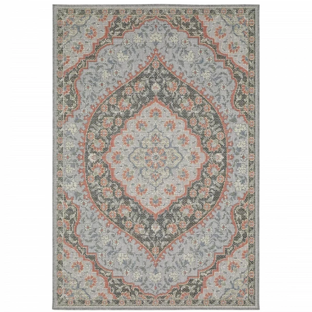 stain resistant indoor outdoor area rug in brown grey and beige with rectangular and circular patterns