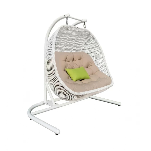 White metal swing chair with beige cushion for outdoor relaxation