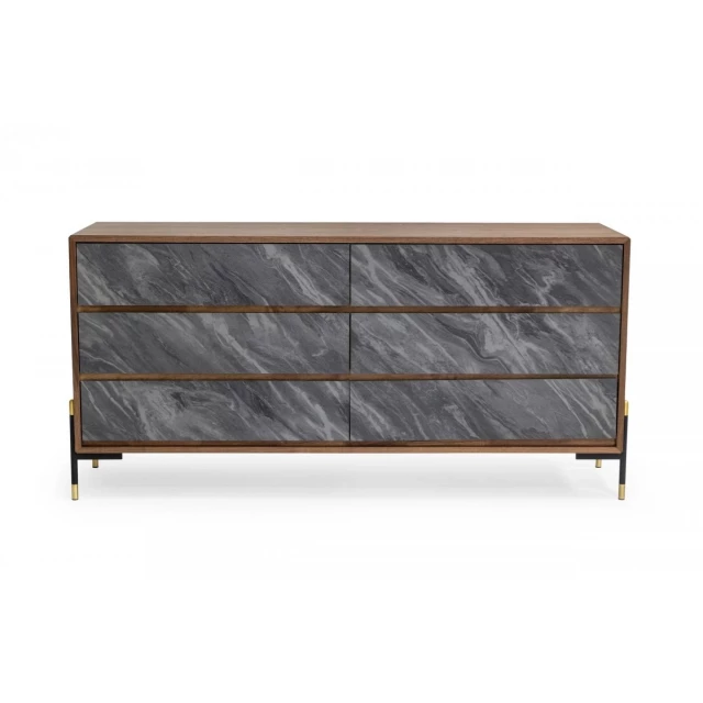 Marble wood six drawer double dresser in elegant bedroom furniture design