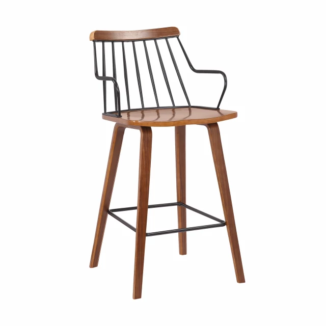 Brown iron counter height bar chair with wood armrests and hardwood details suitable for outdoor use