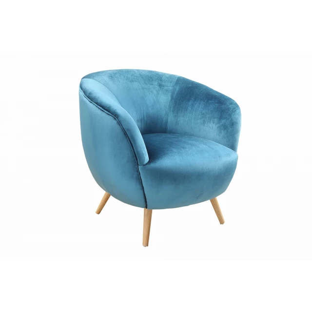 Accent chair with natural finish wood legs and electric blue upholstery