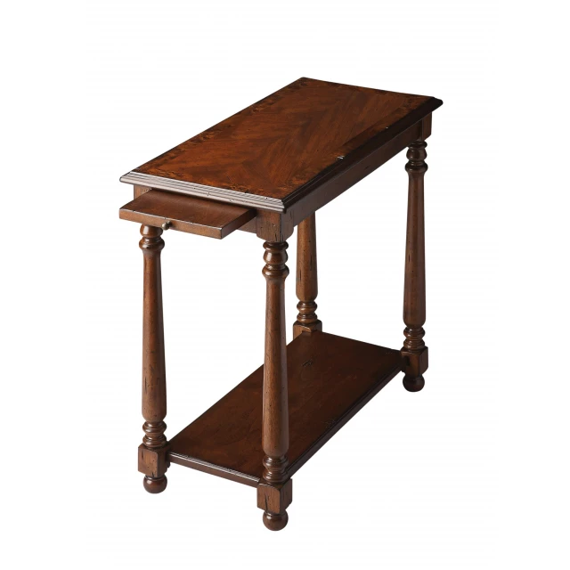 Manufactured wood rectangular end table with shelf and varnished wood stain finish