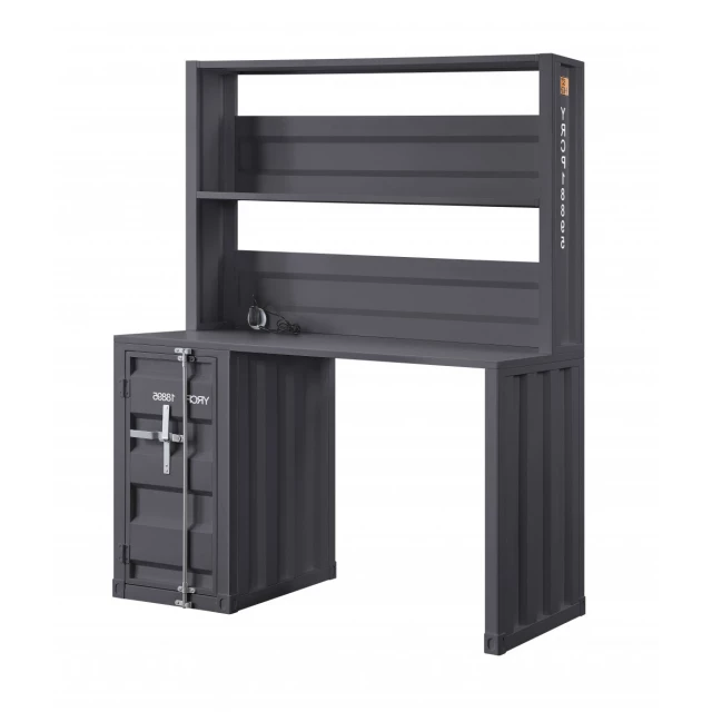 gunmetal iron writing desk with rectangular surface and computer monitor accessory