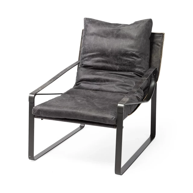 Leather body accent chair with metal frame and wooden armrests for comfortable indoor or outdoor seating