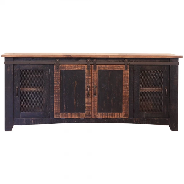 Distressed wood TV stand with enclosed storage and leather accents