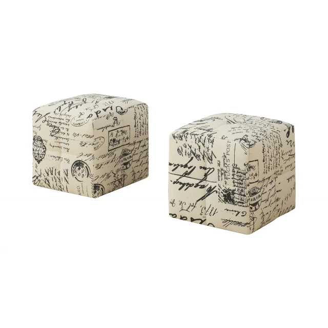 Beige black faux leather cube ottoman with wood art design elements