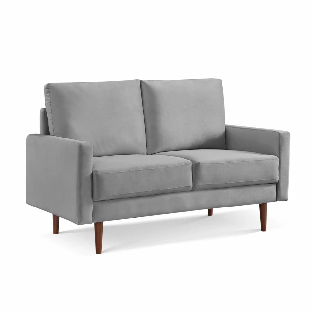 Gray dark brown velvet loveseat with wood accents and comfortable cushions