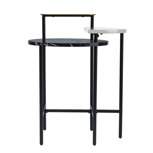 Wood iron form end table shelf in a minimalist design with metal accents and rectangular top