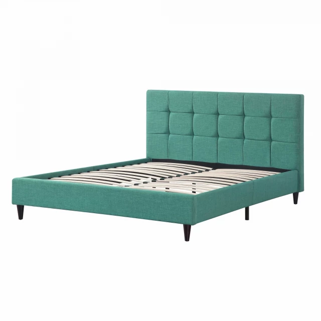 Queen tufted turquoise upholstered Juteno bed in a bedroom setting