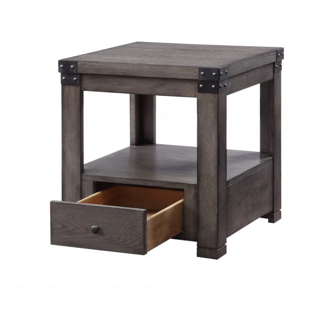 Gray square end table with drawer and shelf in hardwood finish