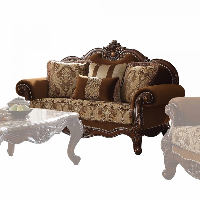 Blend Damask Chesterfield Loveseat with Toss Pillows Brown Comfortable Furniture