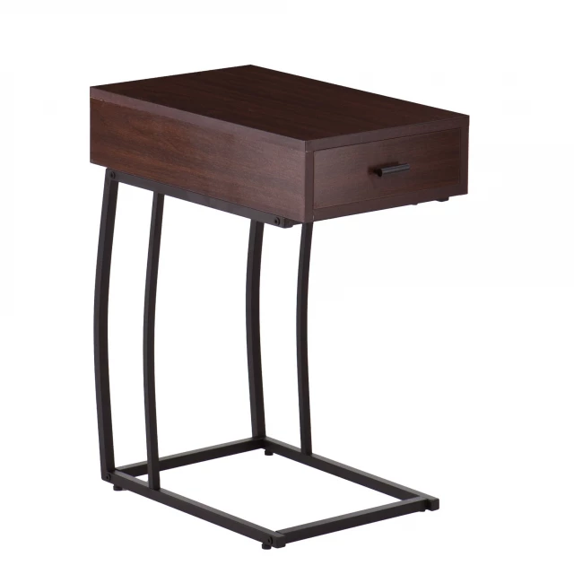 Wood iron rectangular end table with drawer and plywood accents