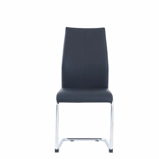 Black dining chairs with chrome metal base featuring comfort design and wood accents